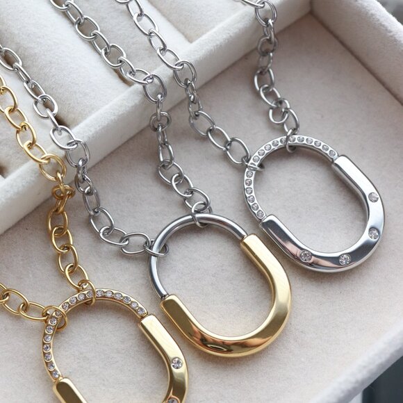 2-Tone Lock Style Design Pendant Necklace Stainless Steel - Picture 4 of 4